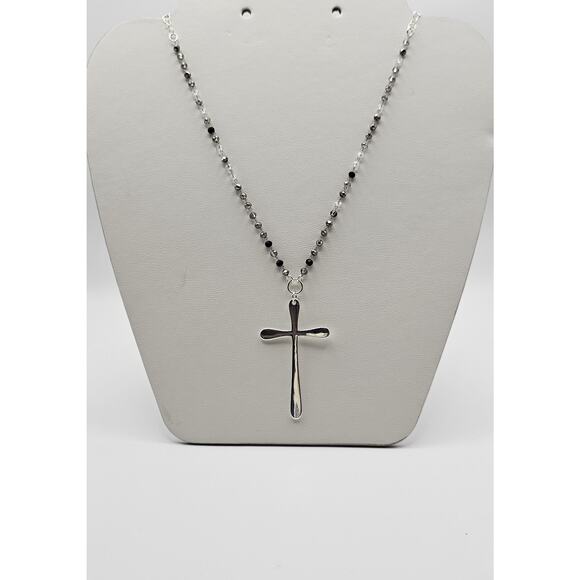 Modern Sterling Silver Cross Necklace Black Grey Rosary Adjustable Chain Gothic - Picture 3 of 8